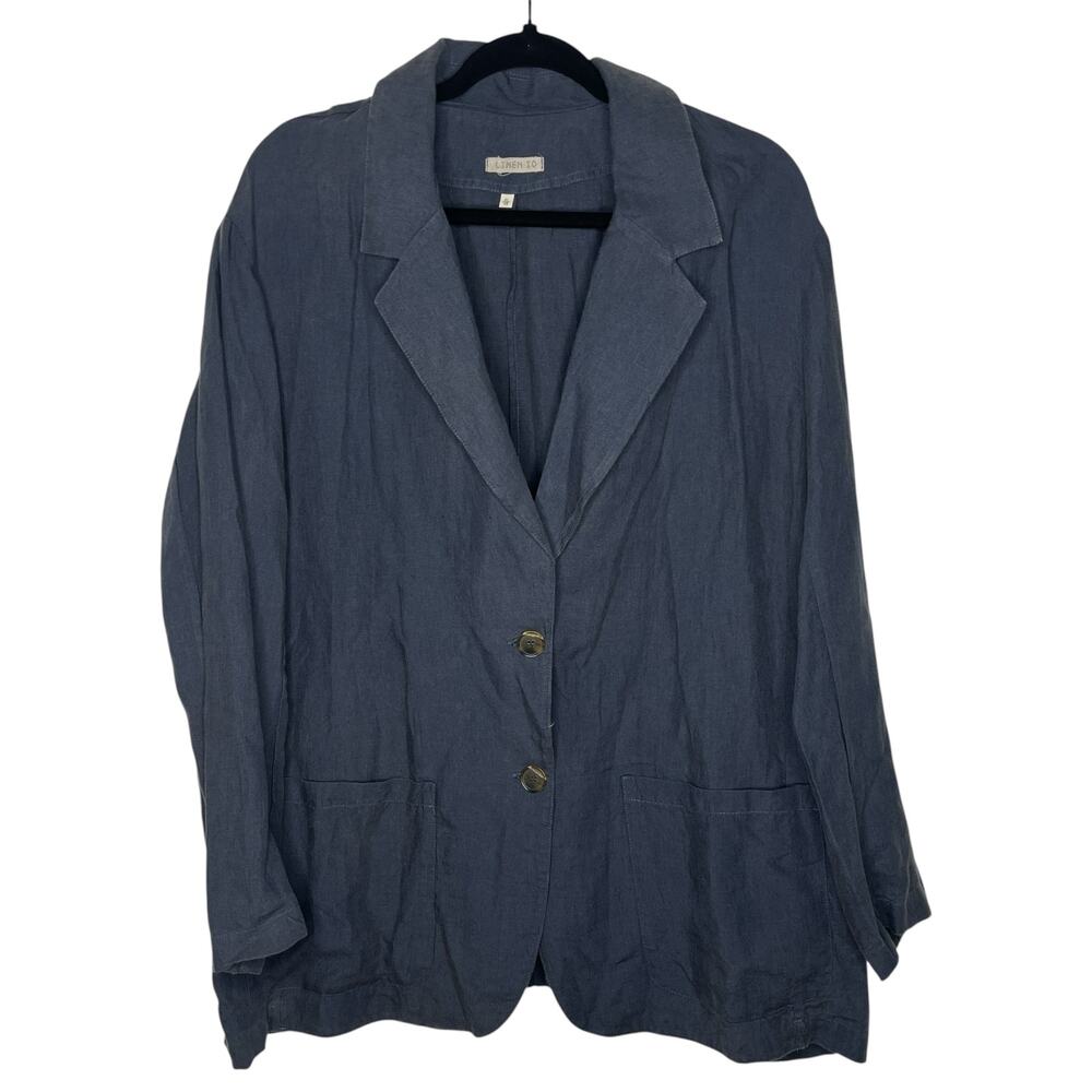 Linen ID Womens Blazer XL Blue 100% Linen Relaxed Two Button Lightweight Boho